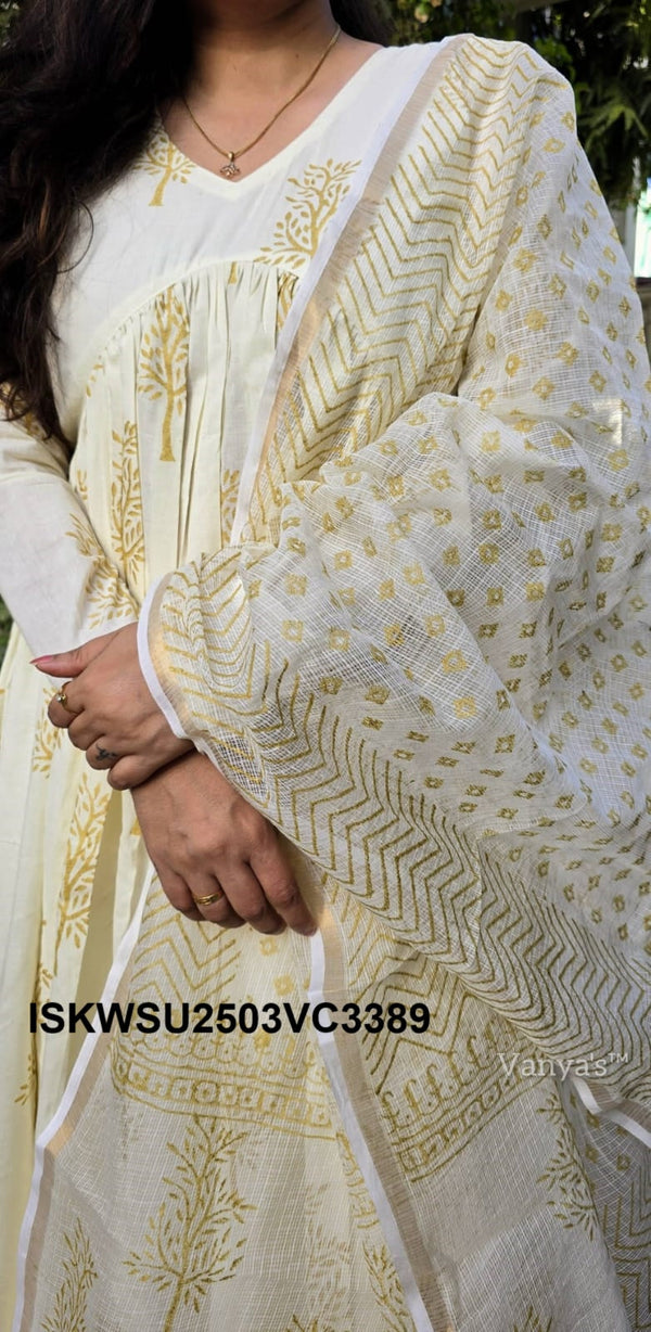 Hand Crafted Hand Block Cotton Flared Kurti With Pant And Kota Doriya Dupatta-ISKWSU2503VC3389/VC3388