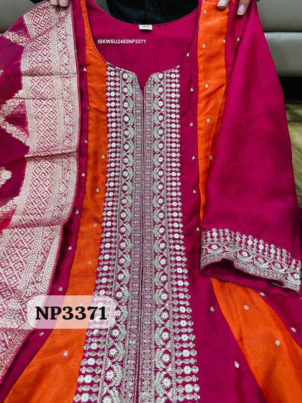 Sequined Silk Anarkali Kurti With Pant And Banarasi Weaved Organza Dupatta-ISKWSU2403NP3371