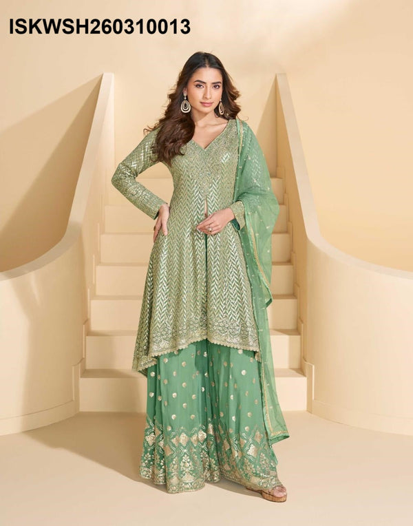 Embroidered Georgette Front Slit Kurti With Sharara And Dupatta-ISKWSH260310013