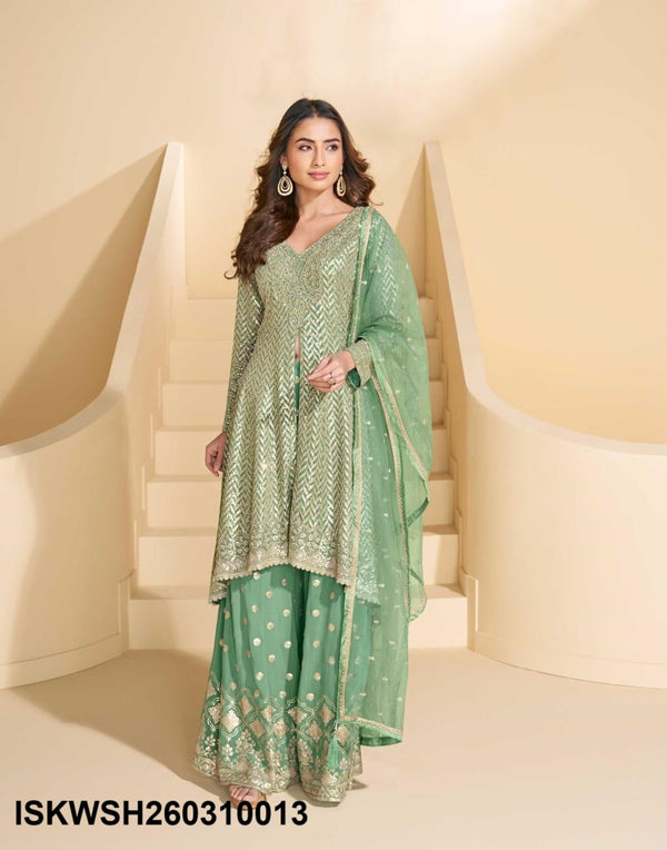 Embroidered Georgette Front Slit Kurti With Sharara And Dupatta-ISKWSH260310013