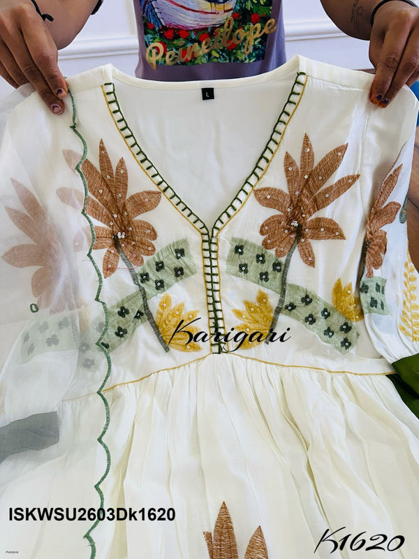Embroidered Silk Kurti With Pant And Dupatta-ISKWSU2603Dk1620