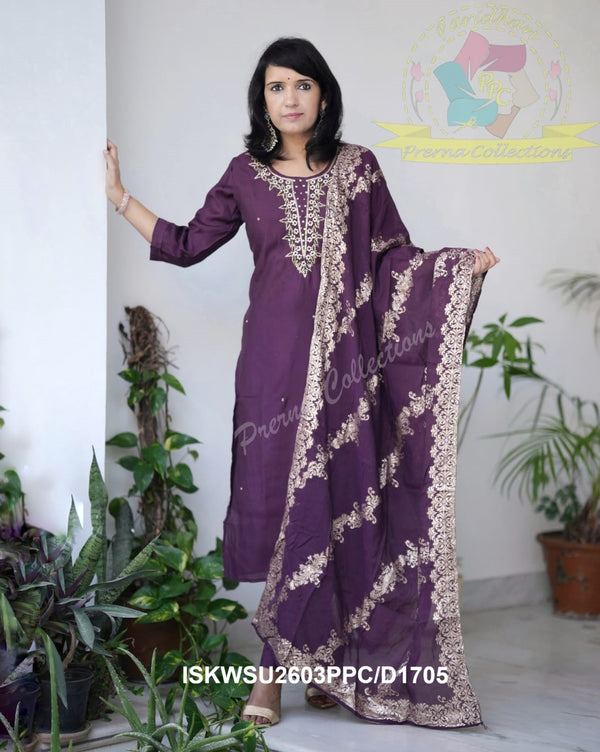 Embroidered Silk Kurti With Pant And Banarasi Weaved Dupatta-ISKWSU2603PPC/D1705