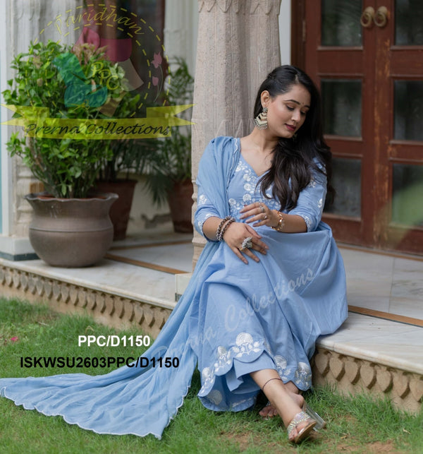 Embroidered Cotton Anarkali Kurti With Pant And Malmal Cotton Dupatta-ISKWSU2603PPC/D1150