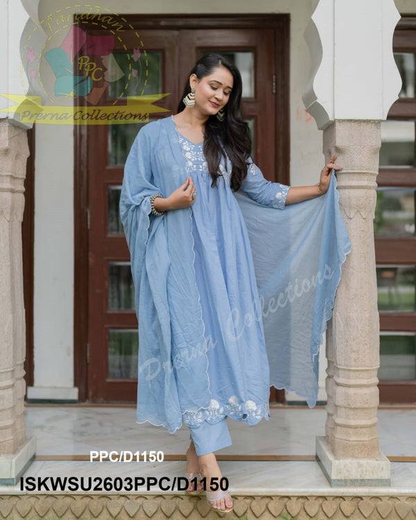 Embroidered Cotton Anarkali Kurti With Pant And Malmal Cotton Dupatta-ISKWSU2603PPC/D1150