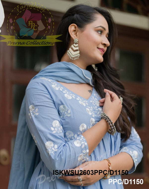 Embroidered Cotton Anarkali Kurti With Pant And Malmal Cotton Dupatta-ISKWSU2603PPC/D1150