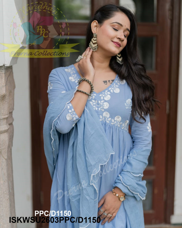 Embroidered Cotton Anarkali Kurti With Pant And Malmal Cotton Dupatta-ISKWSU2603PPC/D1150