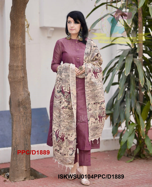 Khadi Cotton Kurti With Khadi Pant And Madhubani Printed Dupatta-ISKWSU0104PPC/D1889