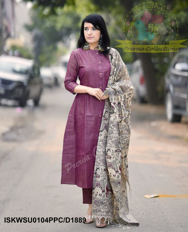 Khadi Cotton Kurti With Khadi Pant And Madhubani Printed Dupatta-ISKWSU0104PPC/D1889