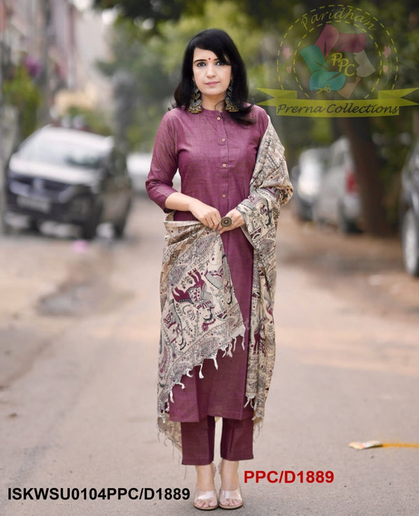 Khadi Cotton Kurti With Khadi Pant And Madhubani Printed Dupatta-ISKWSU0104PPC/D1889