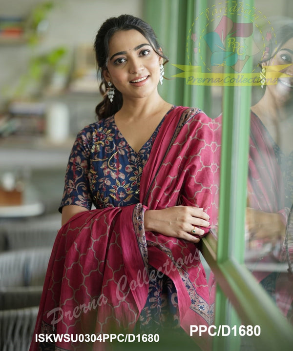 Kalamkari Printed Cotton Anarkali Kurti With Pant And Malmal Cotton Dupatta-ISKWSU0304PPC/D1680