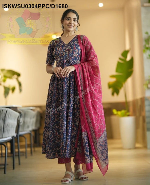 Kalamkari Printed Cotton Anarkali Kurti With Pant And Malmal Cotton Dupatta-ISKWSU0304PPC/D1680