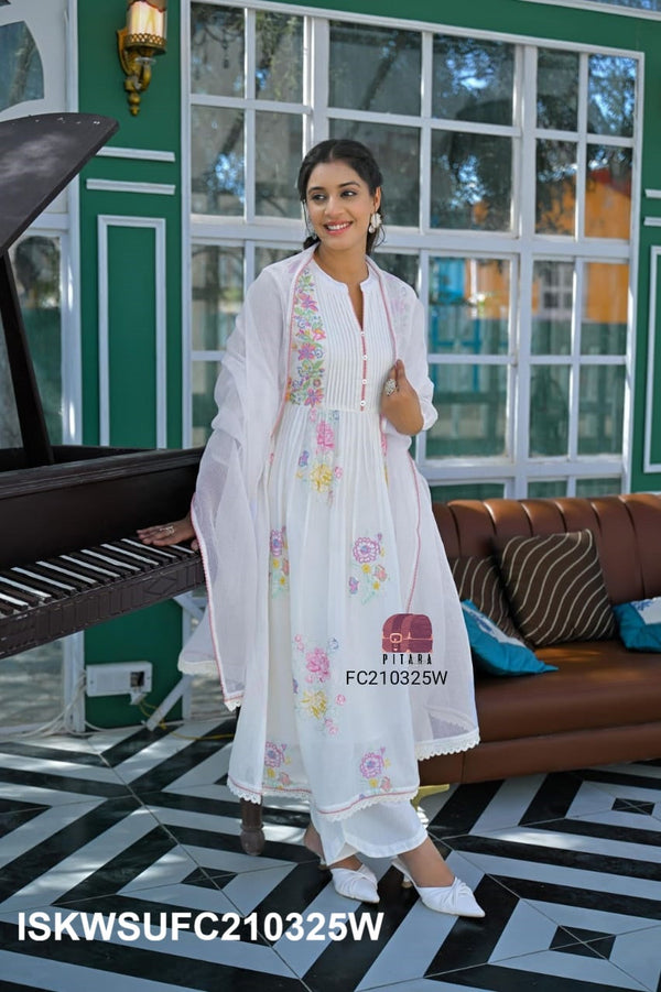 Embroidered Malmal Cotton Kurti With Cotton Pant And Kota Doriya Dupatta-ISKWSUFC210325P/FC210325W