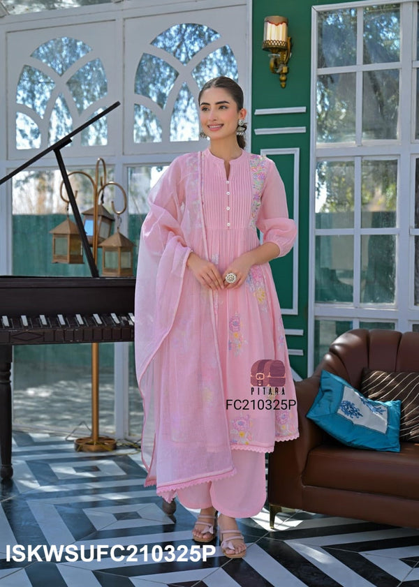 Embroidered Malmal Cotton Kurti With Cotton Pant And Kota Doriya Dupatta-ISKWSUFC210325P/FC210325W