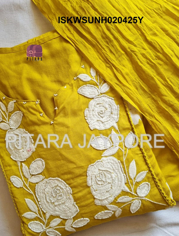Embroidered Malmal Cotton Flared Kurti With Cotton Pant And Dupatta-ISKWSUNH020425P/NH020425Y