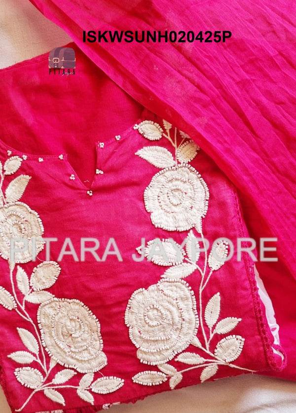 Embroidered Malmal Cotton Flared Kurti With Cotton Pant And Dupatta-ISKWSUNH020425P/NH020425Y