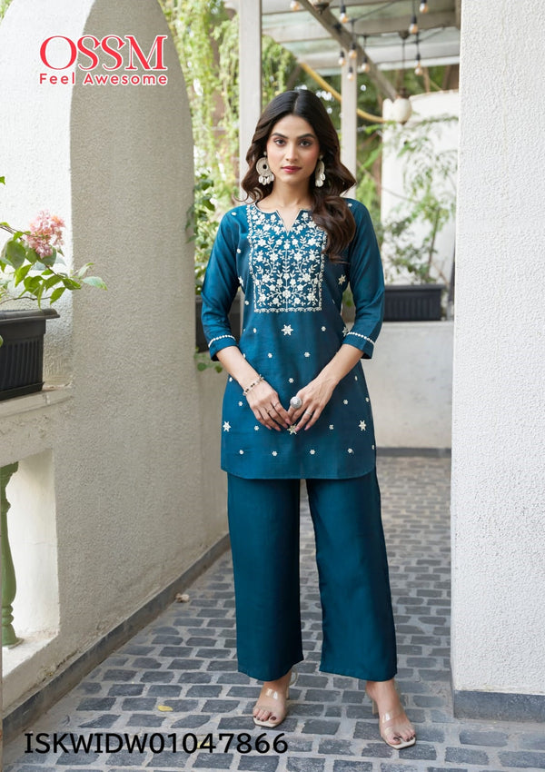 Embroidered Viscose Silk Top With Pant-ISKWIDW01047866