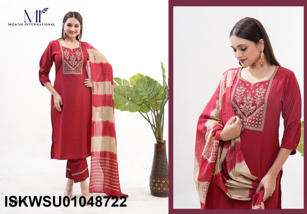 Embroidered Silk Kurti With Pant And Banarasi Dupatta-ISKWSU01048722