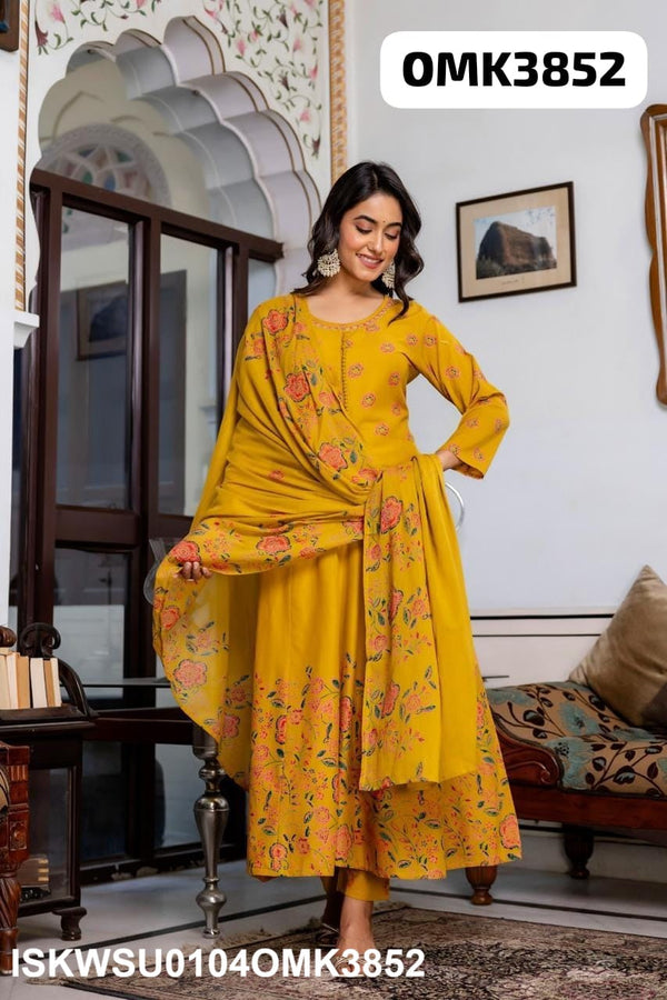 Floral Printed Dobby Cotton Anarkali Kurti With Pant And Dupatta-ISKWSU0104OMK3852