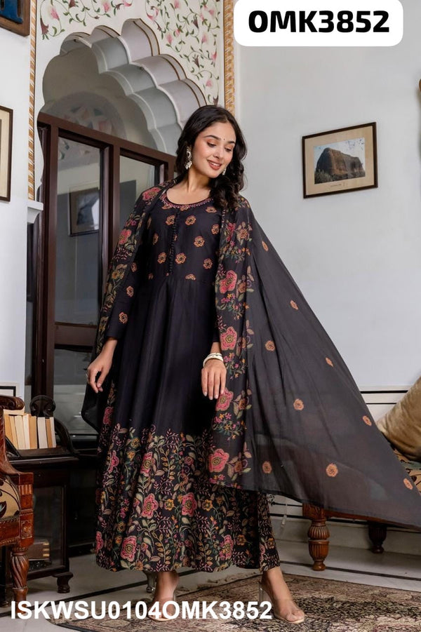Floral Printed Dobby Cotton Anarkali Kurti With Pant And Dupatta-ISKWSU0104OMK3852