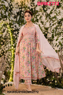 Digital Floral Printed Cotton Anarkali Kurti With Pant And Malmal Dupatta-ISKWSU0104OMK2772