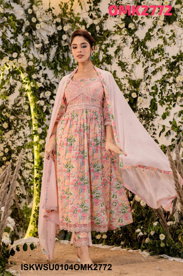 Digital Floral Printed Cotton Anarkali Kurti With Pant And Malmal Dupatta-ISKWSU0104OMK2772