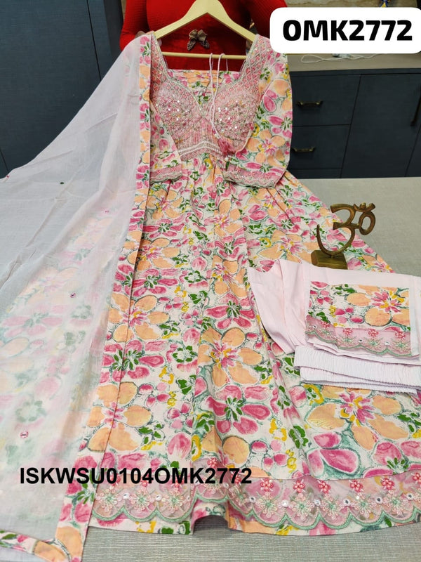 Digital Floral Printed Cotton Anarkali Kurti With Pant And Malmal Dupatta-ISKWSU0104OMK2772