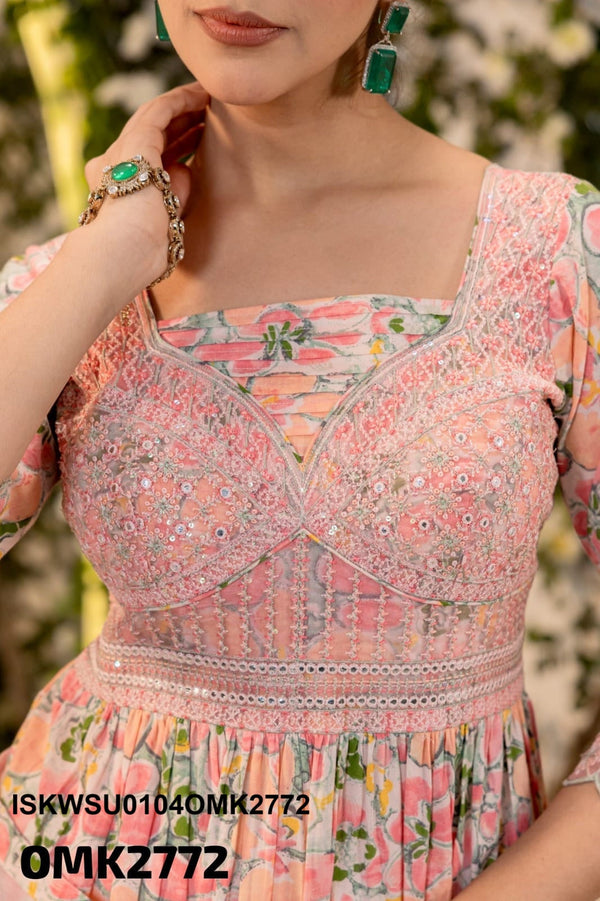 Digital Floral Printed Cotton Anarkali Kurti With Pant And Malmal Dupatta-ISKWSU0104OMK2772