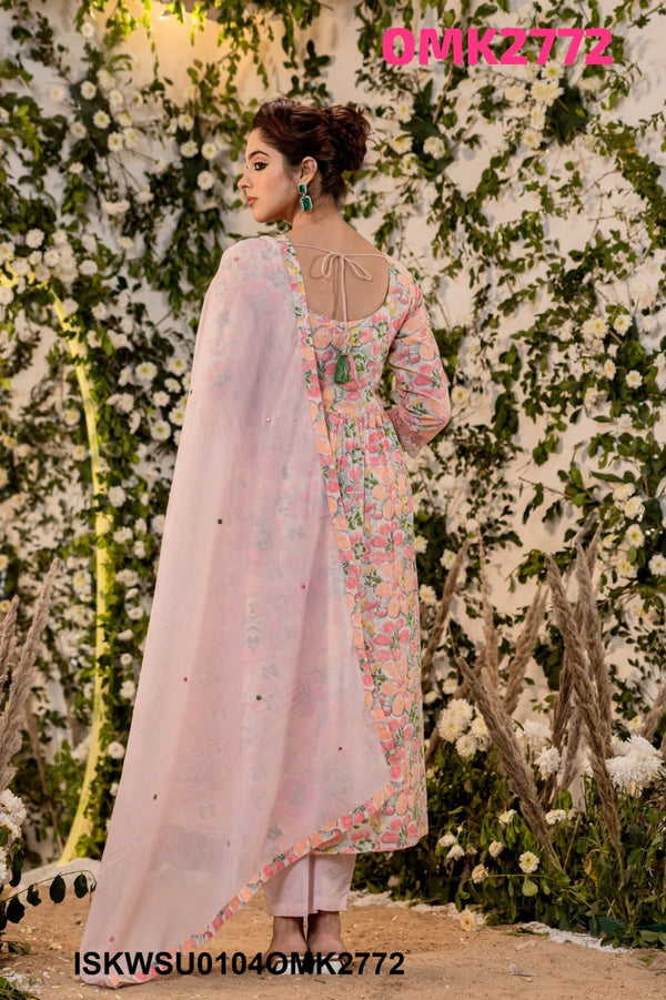 Digital Floral Printed Cotton Anarkali Kurti With Pant And Malmal Dupatta-ISKWSU0104OMK2772