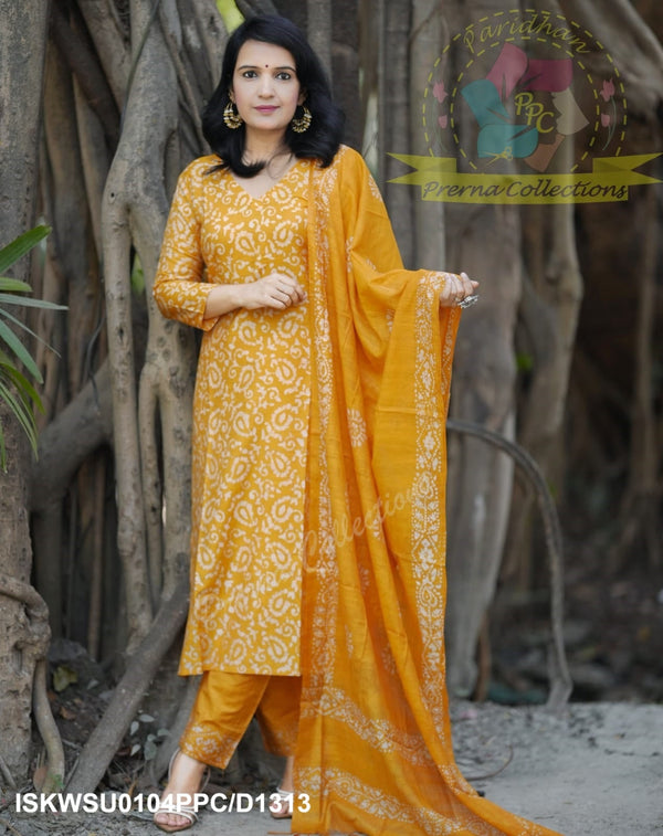 Hand Batik Printed Silk Kurti With Pant And Dupatta-ISKWSU0104PPC/D1313