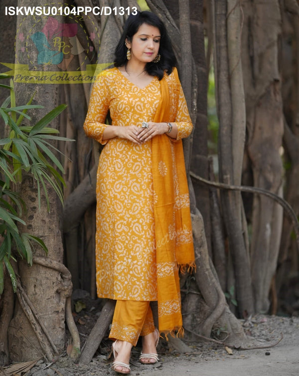 Hand Batik Printed Silk Kurti With Pant And Dupatta-ISKWSU0104PPC/D1313