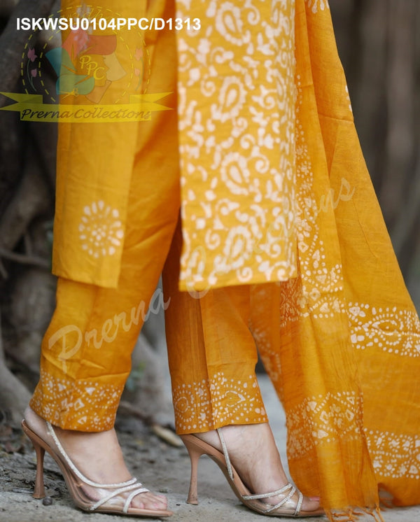 Hand Batik Printed Silk Kurti With Pant And Dupatta-ISKWSU0104PPC/D1313