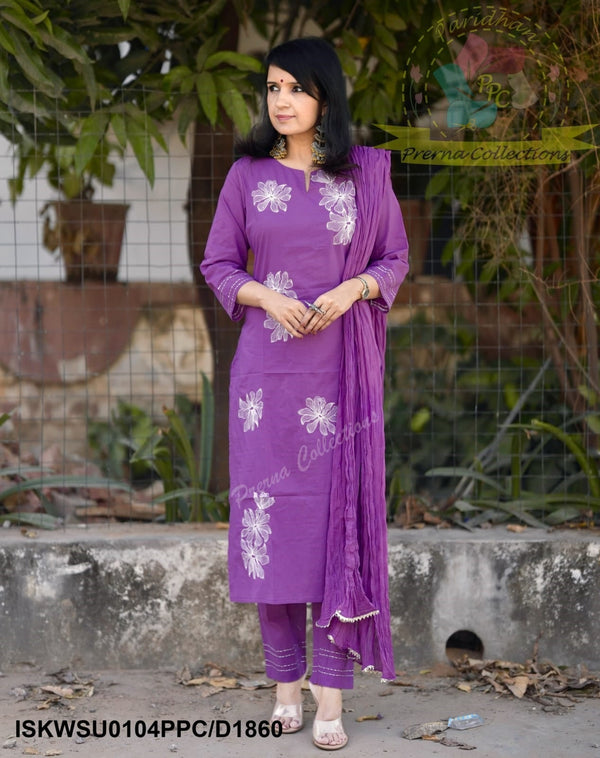 Embroidered Cotton Kurti With Pant And Malmal Cotton Dupatta-ISKWSU0104PPC/D1860