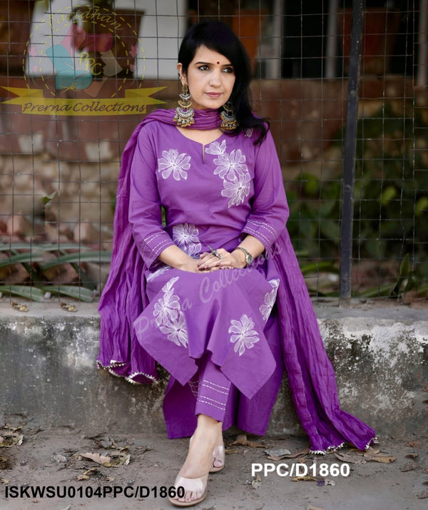 Embroidered Cotton Kurti With Pant And Malmal Cotton Dupatta-ISKWSU0104PPC/D1860