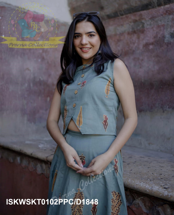 Floral Printed Khadi Cotton Top With Skirt-ISKWSKT0102PPC/D1848