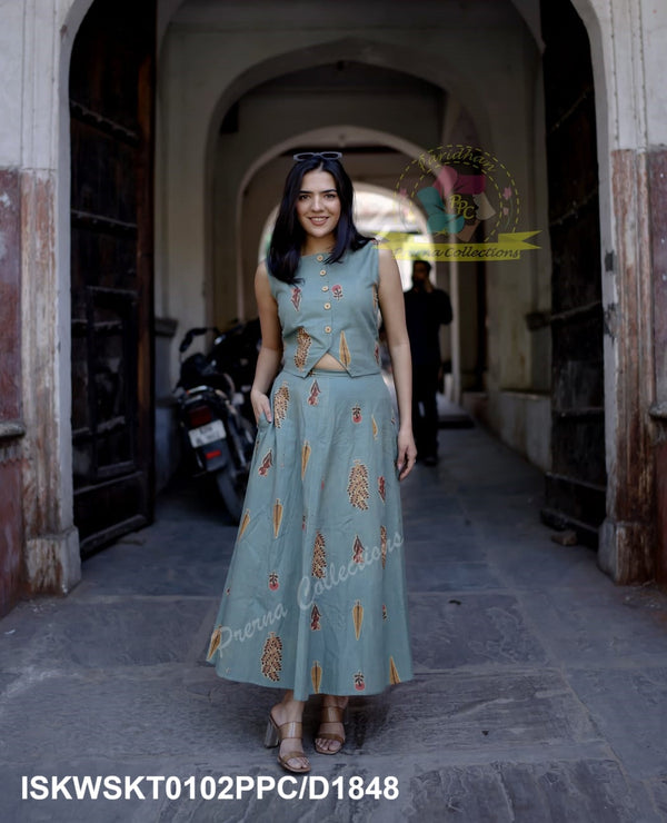Floral Printed Khadi Cotton Top With Skirt-ISKWSKT0102PPC/D1848