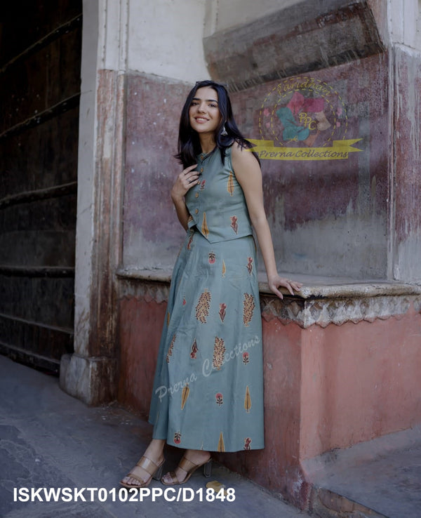 Floral Printed Khadi Cotton Top With Skirt-ISKWSKT0102PPC/D1848