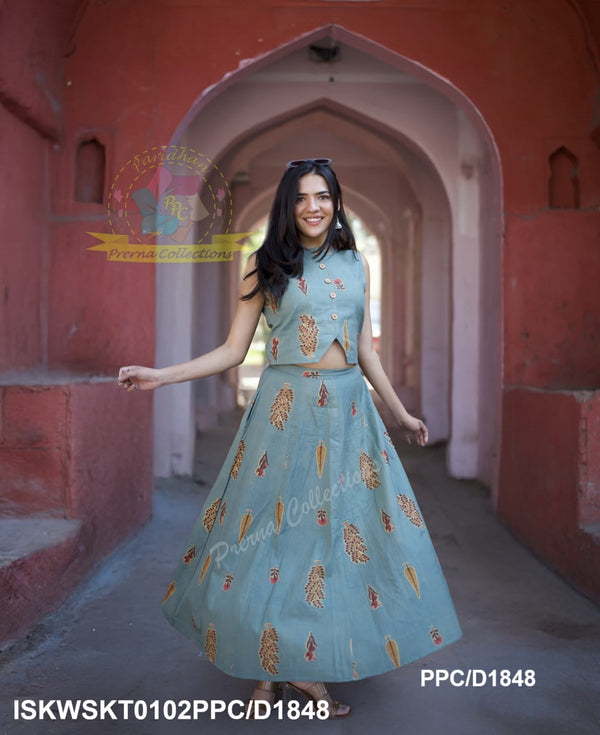 Floral Printed Khadi Cotton Top With Skirt-ISKWSKT0102PPC/D1848