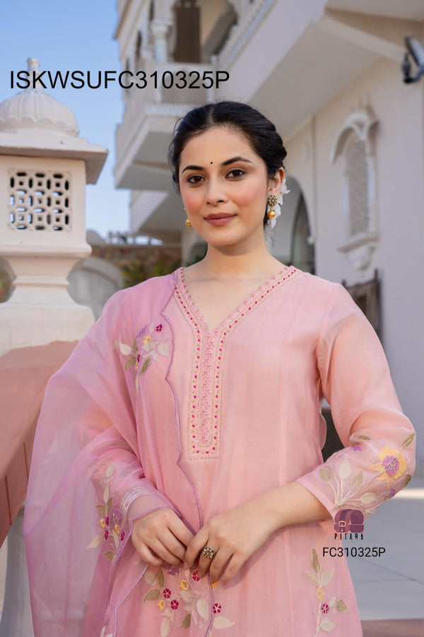 Embroidered Malmal Chanderi Kurti With Silk Pant And Organza Dupatta-ISKWSUFC310325P