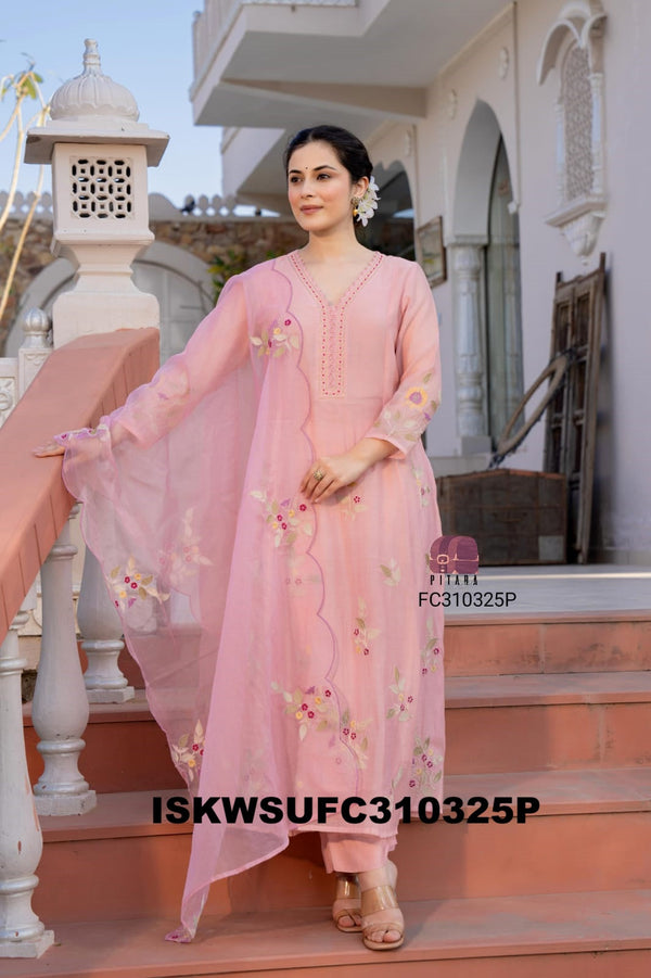 Embroidered Malmal Chanderi Kurti With Silk Pant And Organza Dupatta-ISKWSUFC310325P