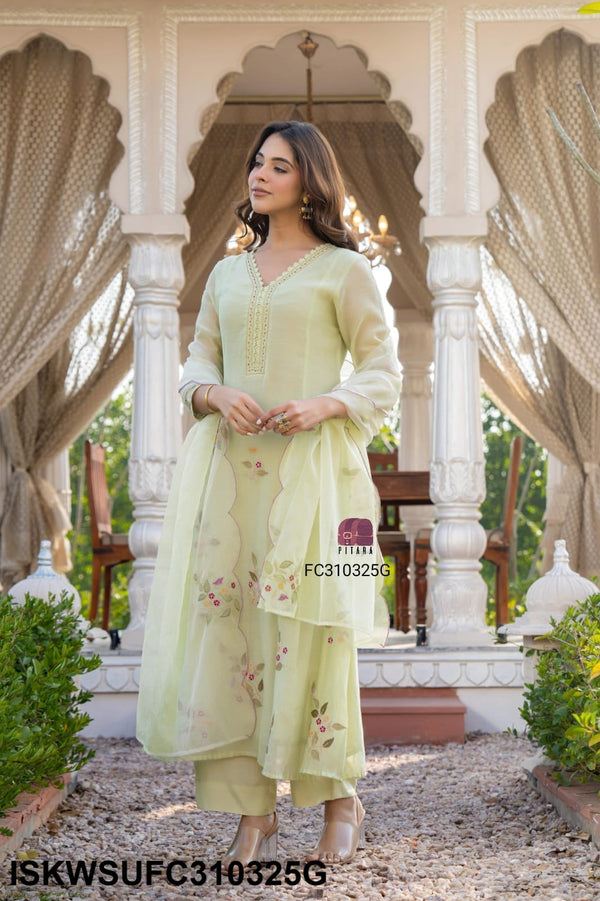Embroidered Malmal Chanderi Flared Kurti With Silk Pant And Organza Dupatta-ISKWSUFC310325G/FC310325P
