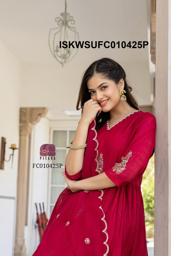 Embroidered Malmal Chanderi Kurti With Silk Pant And Dupatta-ISKWSUFC010425P/FC010425G