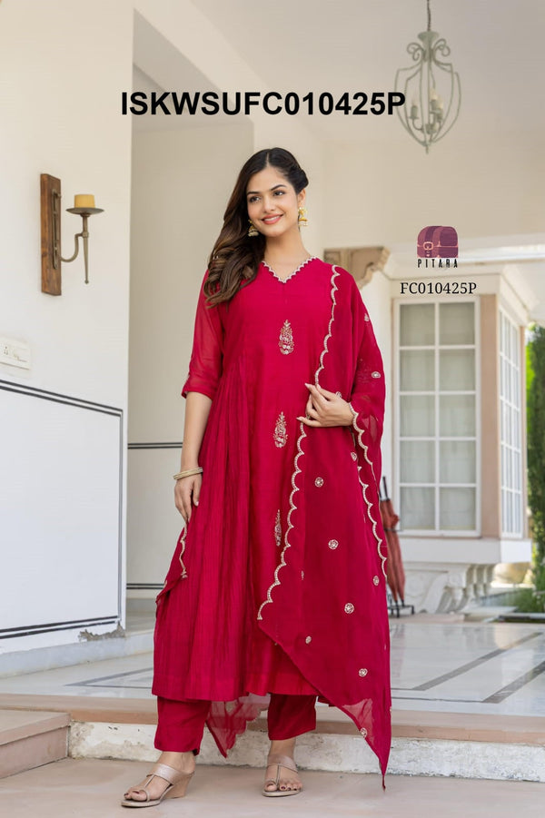 Embroidered Malmal Chanderi Kurti With Silk Pant And Dupatta-ISKWSUFC010425P/FC010425G
