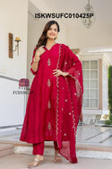 Embroidered Malmal Chanderi Kurti With Silk Pant And Dupatta-ISKWSUFC010425P/FC010425G