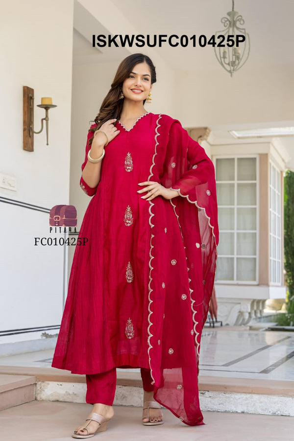 Embroidered Malmal Chanderi Kurti With Silk Pant And Dupatta-ISKWSUFC010425P/FC010425G