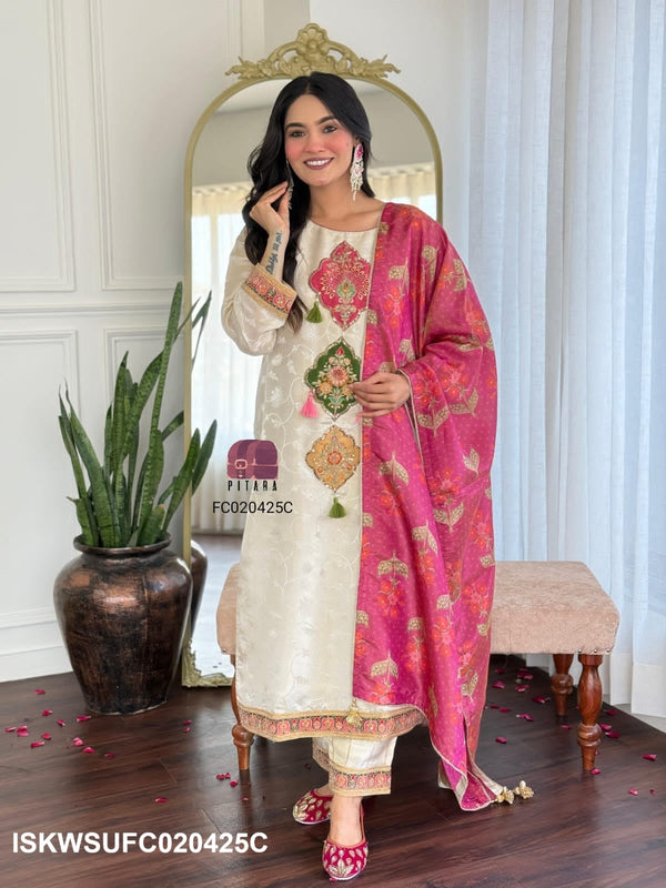 Embroidered Tissue Jacquard Kurti With Silk Pant And Tissue Silk Dupatta-ISKWSUFC020425C