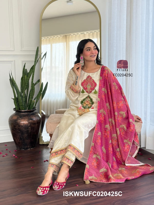 Embroidered Tissue Jacquard Kurti With Silk Pant And Tissue Silk Dupatta-ISKWSUFC020425C