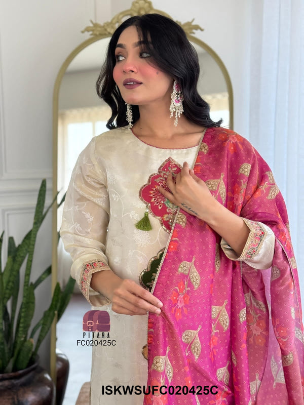 Embroidered Tissue Jacquard Kurti With Silk Pant And Tissue Silk Dupatta-ISKWSUFC020425C
