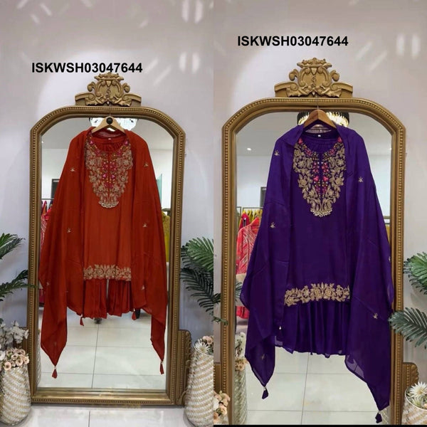 Embroidered Georgette Kurti With Sharara And Dupatta-ISKWSH03047644