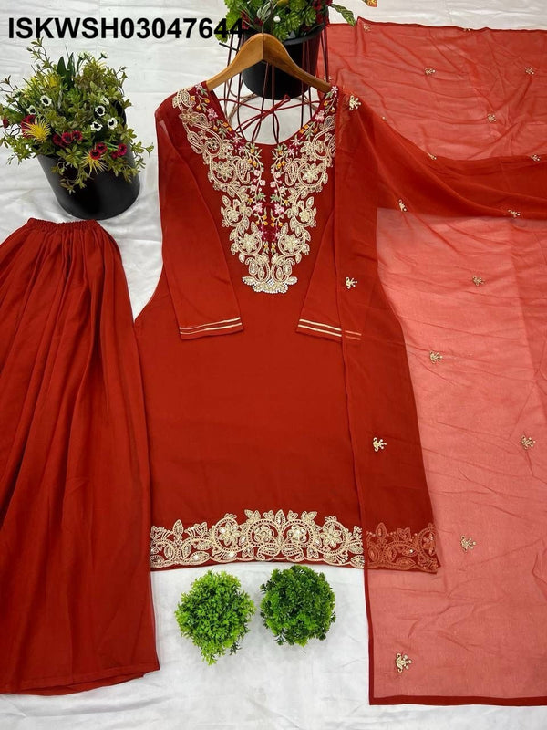Embroidered Georgette Kurti With Sharara And Dupatta-ISKWSH03047644