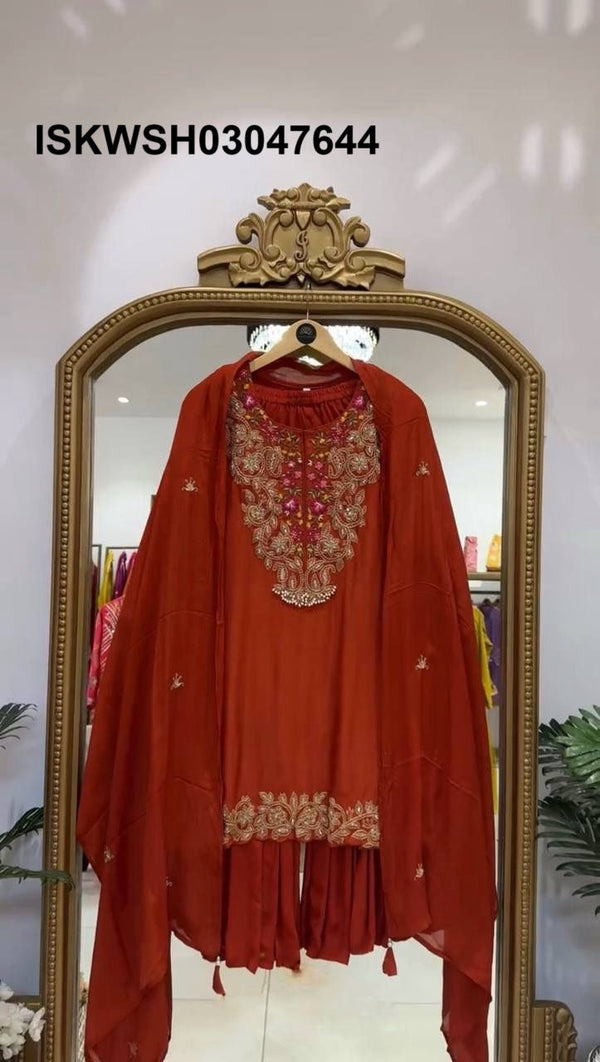 Embroidered Georgette Kurti With Sharara And Dupatta-ISKWSH03047644